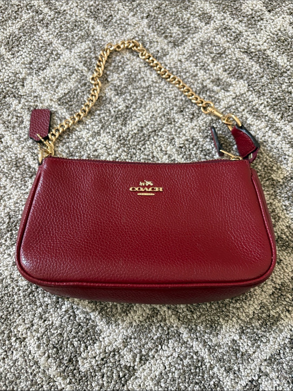 Coach Wine Red Pebbled Leather Shoulder Bag with Gold Chain